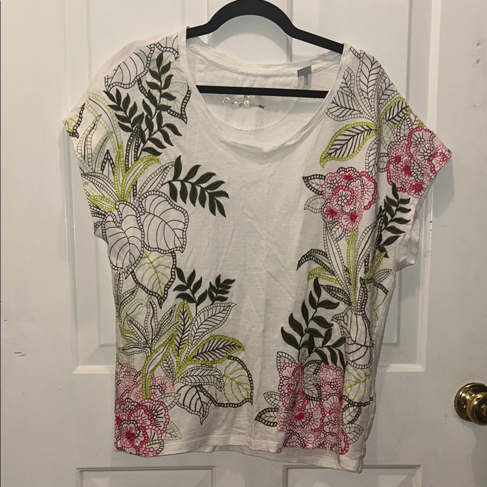 Tommy Bahama White Tee with Pink and Green Floral Design